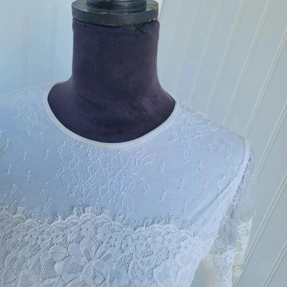 Express Top Women White Nylon Keyhole Short Sleeve Crew Neck Lace Shirt Stretc S - Picture 6 of 8